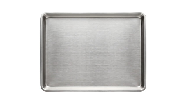 Metallic baking sheet on white background, professional stainless steel oven tray, empty aluminum cookie sheet for kitchen food preparation