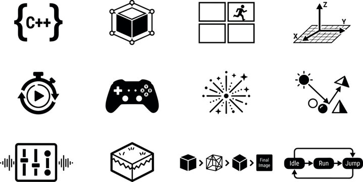 Game Development Architecture and Video Game Engine Mechanics Icon Set for Programming Software Engineering Asset Workflows vector illustration style