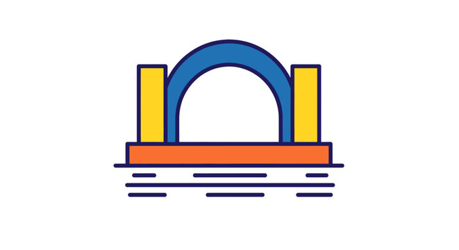 Colorful rainbow arch bridge with yellow and blue segments.