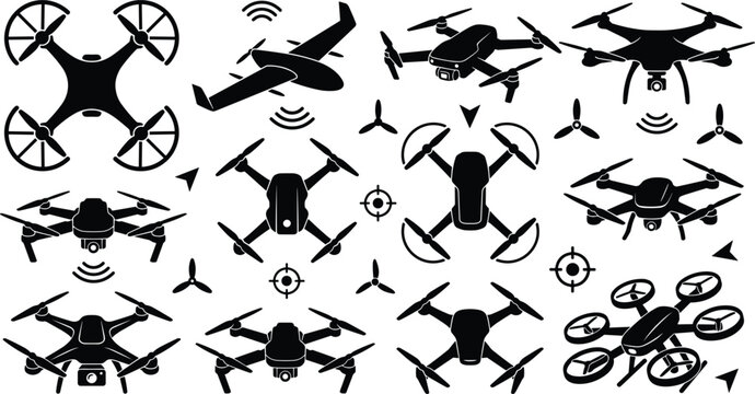 Drone Silhouette Vector Icon Set Featuring Quadcopters, Hexacopters, Fixed Wing Drones, Remote Propellers, and Target Symbols for Tech Graphic Designs