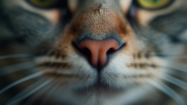 Cinematic macro footage of a single cat nose centered in the frame for international cat day