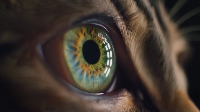 Cinematic extreme macro footage of domestic cat iris filling the frame for international cat day