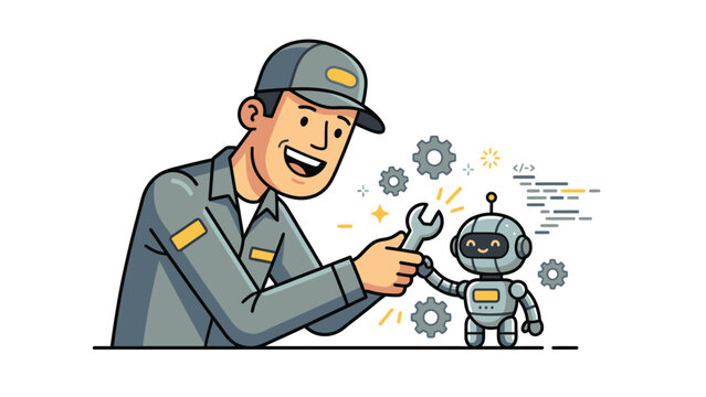 Friendly mechanic happily fixing a small cute robot with a wrench, symbolizing technology and repair.