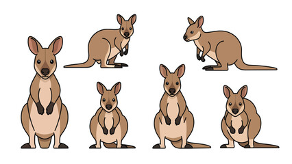 Naklejka premium Collection of cute cartoon wallabies in different poses on a white background.