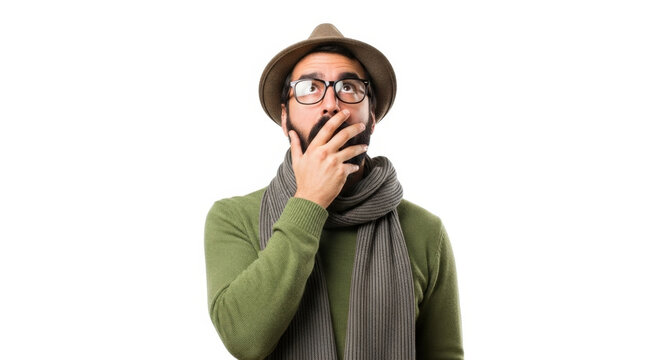 Worried Man with Hand Over Mouth: Scarfed Guy Looking Up with Shock and Concern Concept