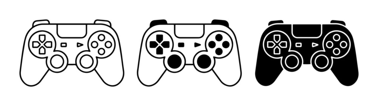 Video game controller icon set outline, solid and color styles