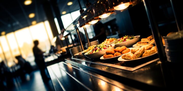 Delicious variety of fresh dishes and pastries on a buffet counter illuminated by warm lights in a luxury restaurant, concept for hotel catering, restaurant dining and commercial food service