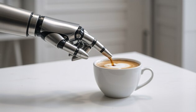 Robotic arm dispensing liquid into coffee cup, symbolizing AI integration into smart daily workflows.