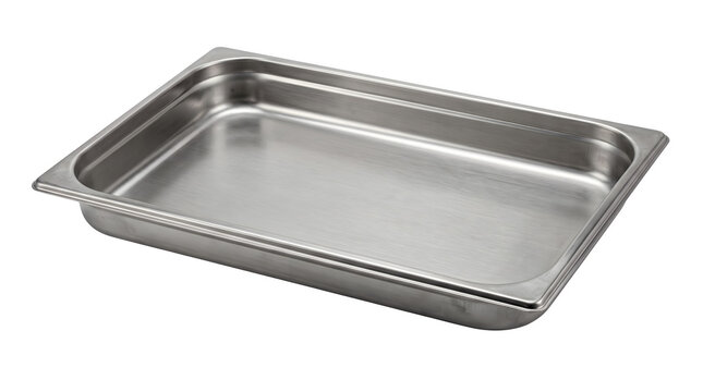 Stainless steel gastronorm pan for professional catering, industrial metal food container, silver steam table tray isolated on white background