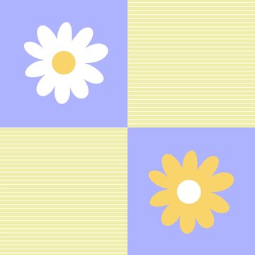 daisy flower seamless pattern illustration with purple and yellow checkered background