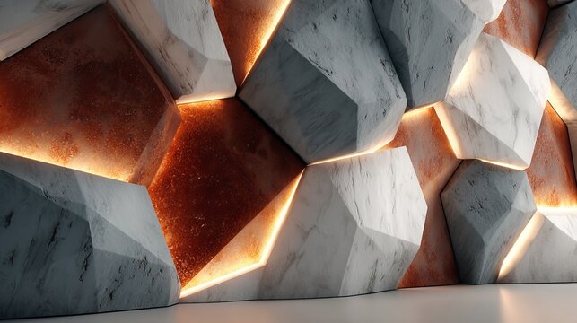 
Abstract geometric marble wall with glowing copper polygon pattern