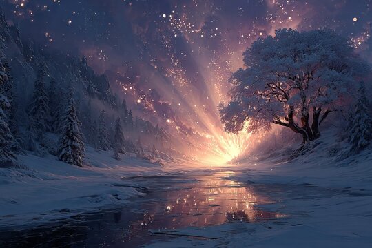 Majestic snowy mountain valley with dramatic sun rays and winter sky