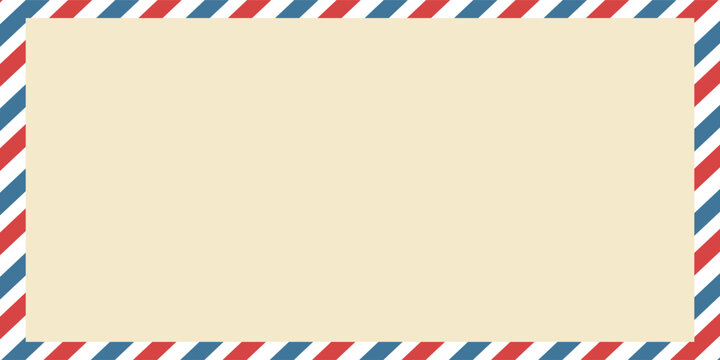 Vintage airmail postcard back template with diagonal blue and red stripe. Travel post card blank backside. Air mail envelope frame with postage place. Vector illustration isolated on white