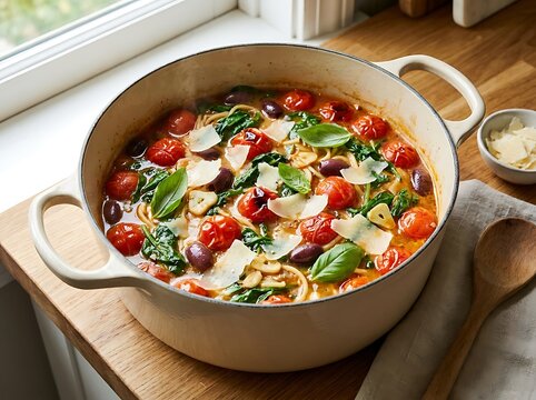 Delicious vegetable soup with tomatoes and basil in a large pot on a wooden kitchen table. one-pot meal ideas