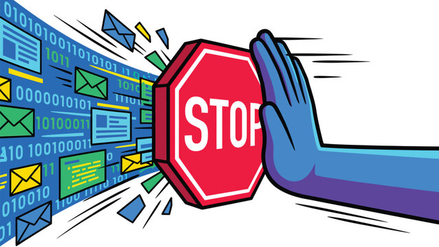 Hand stopping a flood of emails and binary code with a stop sign, representing data security and spam blocking.