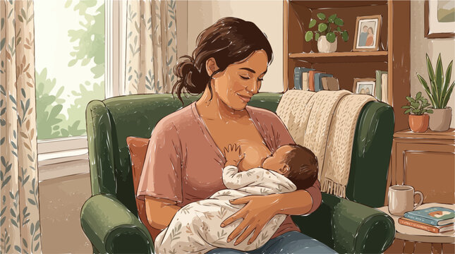 Breastfeeding mother nursing her newborn baby in a cozy living room, young woman lactating at home, maternal care and infant bonding vector illustration
