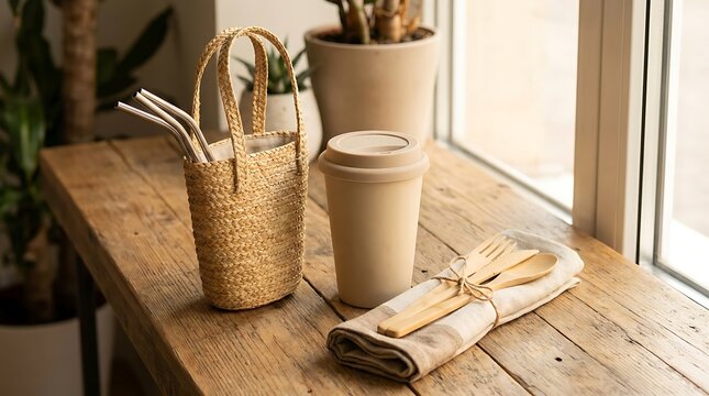 Reusable coffee cup and cutlery set in a small bag on a wooden table near a window. Reusable straw carriers