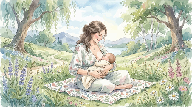 Watercolor illustration of mother breastfeeding baby in nature, serene maternal bonding in meadow, soft pastel landscape with nursing infant
