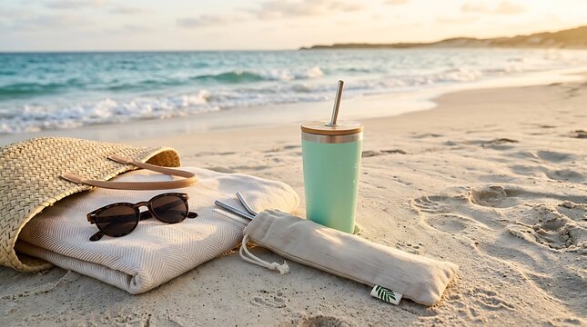 Summer vacation items with a reusable drink cup and sunglasses on a sandy beach by the ocean. Reusable straw carriers