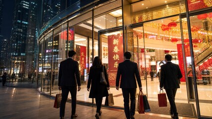Fototapeta premium Modern Shopping at Dusk: Four individuals, silhouetted against the warm glow of a bustling shopping complex, walk towards its entrance carrying shopping bags. Festive red lanterns adorn the facade.