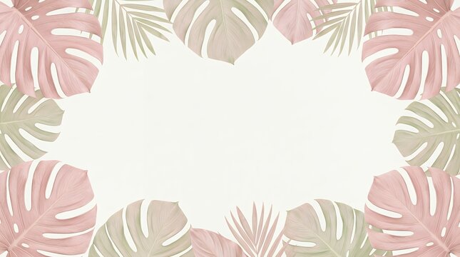 Split Leaf Philodendron Outline Landscape Layout Edge Horizontal orientation border with pastel rose pale green tropical foliage contours along margins on blank setting. Contemporary jungle frame