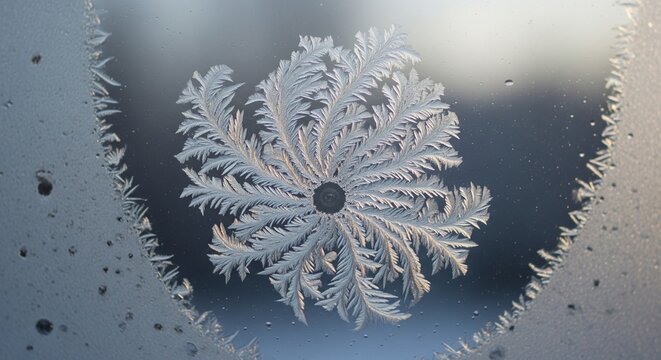 Intricate frozen snowflake crystal formation on glass surface under natural light