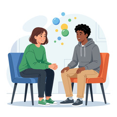 Fototapeta premium Diverse people in conversation, therapy session or friendly chat, vector illustration with colorful bubbles symbolizing ideas