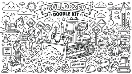Obraz premium Doodle Kit Illustration of Bulldozer Working at a Busy Construction Site with People and Tools.