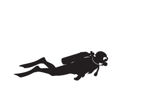 Scuba diver silhouette swimming underwater with professional diving gear and equipment