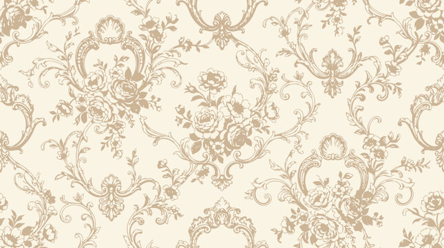 Vintage floral damask pattern with ornate scrolling elements.