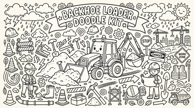 Vibrant doodle of a construction site with heavy machinery, workers, and urban buildings.