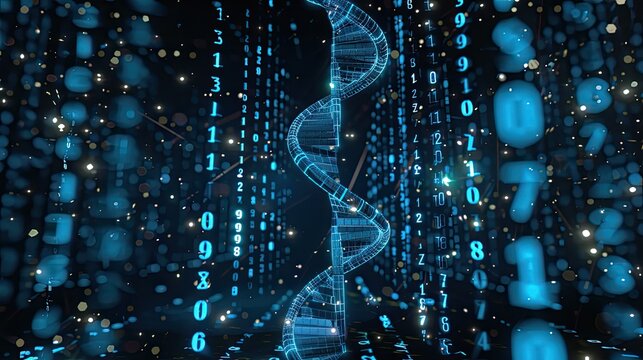 Blue particle DNA double helix structure, binary digital data stream, genetic technology biomedicine, genome digital research background for scientific poster and PPT