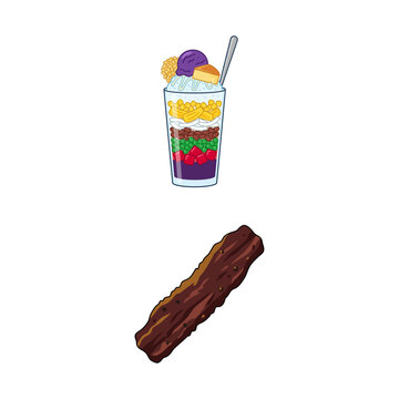 Filipino Halo-Halo Dessert in a Glass with a Delicious Fried Pork Spring Roll or Lumpia
