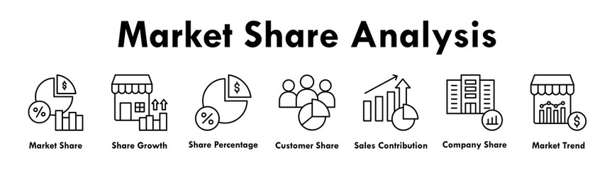 Fototapeta premium Market Share Analysis banner web icon illustration concept with icon of market share, growth, percentage, customer, sales contribution, company, and market trend