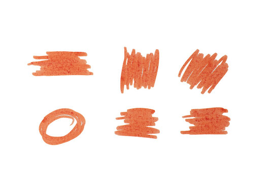 Hand drawn red marker scribbles and highlighter strokes isolated on a white background.