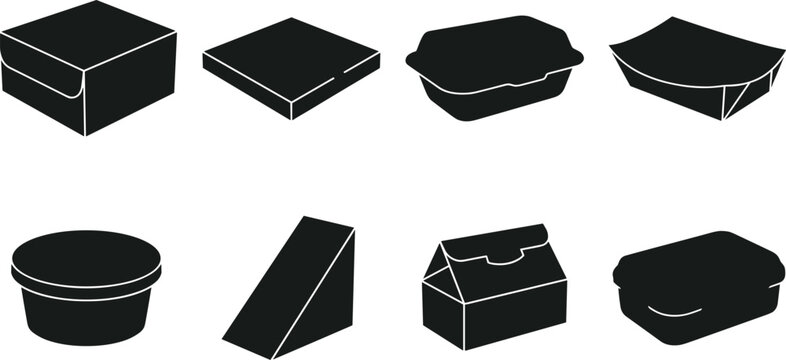 Takeaway food delivery packaging solid black icon set featuring burger box soup bowl and sandwich container