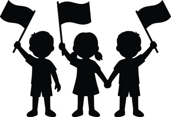 Black and white children holding hands and waving flags vector silhouette illustration for unity