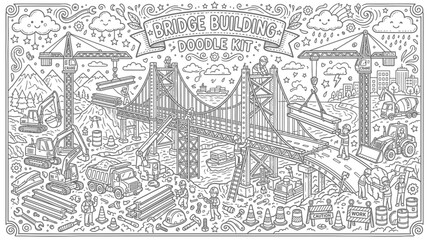 Fototapeta premium Intricate doodle of urban skyline and bridge across the river.