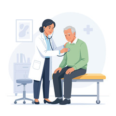 Obraz premium Doctor examining elderly patient with stethoscope in a clinic, vector illustration.