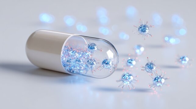  Medical capsule releasing blue glowing nanobots for targeted drug delivery and advanced nanotechnology healthcare innovation.