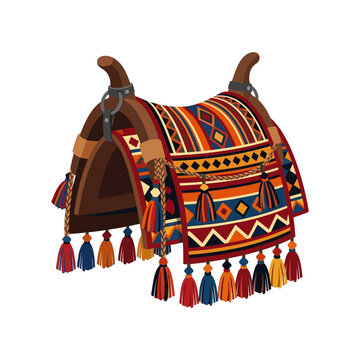 Detailed vector illustration of a traditional ornate horse saddle with colorful tribal patterns and tassels