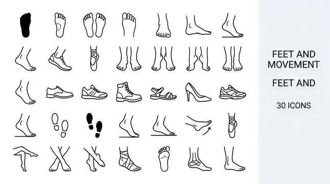 Set of feet and footwear icons showing different movements and shoe types