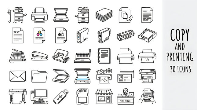 Set of 30 copy and printing office icons with computers and printers