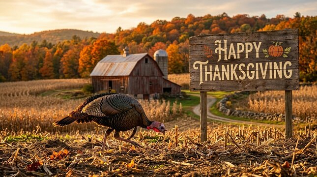 Wild turkey roams a sun-kissed autumn cornfield near a rustic barn, nestled among hills ablaze with fall colors, under a golden sky, embodying the spirit of Thanksgiving