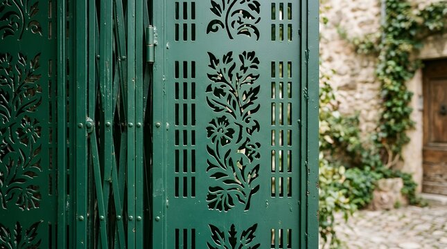 traditional style green metal folding gate close up photo featuring cut-out floral motifs and rectangular slits with copy space background  vintage architectural metalwork ornate security grille