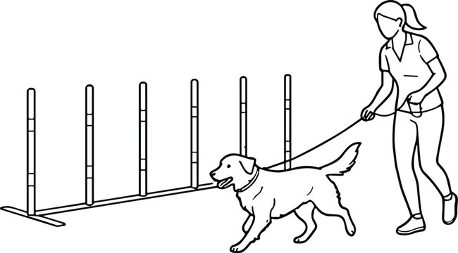 Person walking dog on leash during outdoor training with agility obstacle course setup