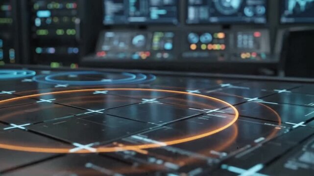 Close-up of a futuristic control room table with glowing holographic interfaces and multiple data screens in the background.