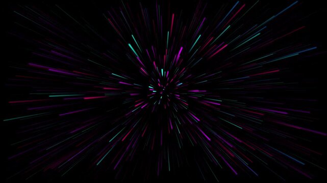Neon light speed warp tunnel abstract background, cyberpunk hyperspace travel effect, glowing pink and cyan particle streaks motion