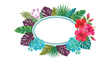 Tropical floral frame banner vector illustration with elegant blank oval copy space card for summer wedding invitation design © moinul