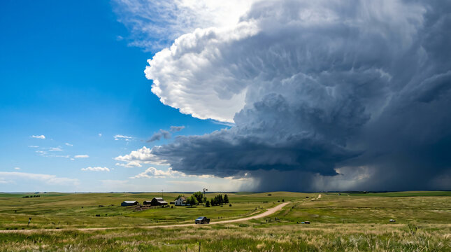 A massive supercell thunderstorm cloud looms over a rural landscape with a dirt road and small farm buildings